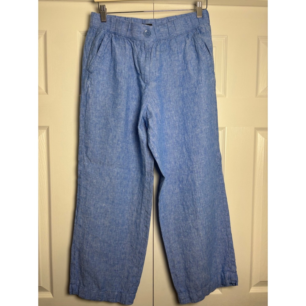 Talbots Womens Petite MP Blue 100% Linen Wide Leg Pants Elastic Waist
